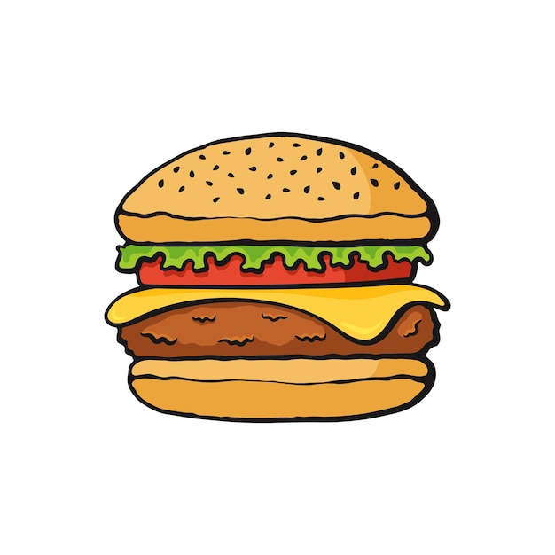Ilustración de vector de comida rápida Hamburguesa con queso Hamburguesa de carne grande con verduras