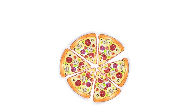 Ilustración de vector de comida rápida sobre fondo blanco aislado. Rebanadas de pizza con salchicha, champiñones, cebollas y hierbas. Almuerzo o desayuno de comida rápida en la calle. EPS 10.