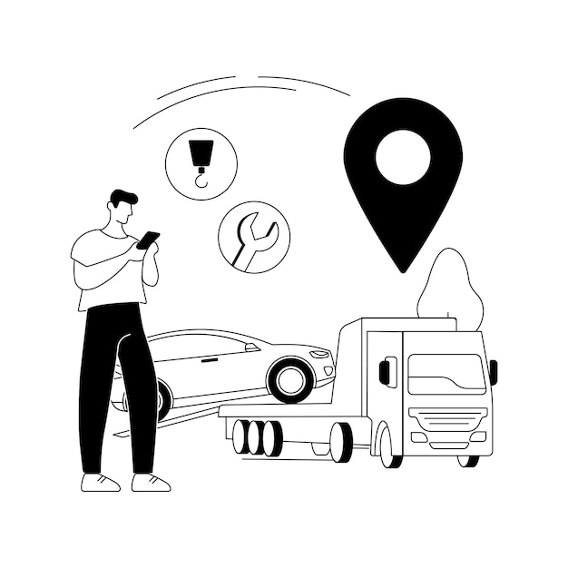 Ilustración de vector de concepto abstracto de asistencia en carretera Reparación de automóviles en carretera Asistencia las 24 horas Servicio de remolque Cambio de llanta desinflada Todos los vehículos Reparación de camiones de emergencia Ayuda Metáfora abstracta