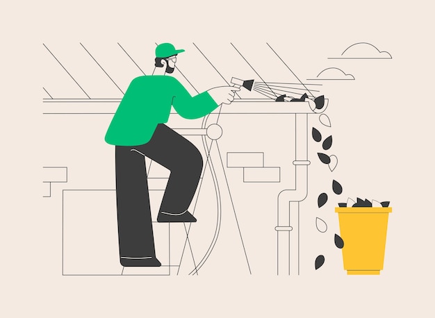 Ilustración de vector de concepto abstracto de limpieza de canaletas Mantenimiento del hogar construcción de techos reparación de techos de negocios hoja de lavado a presión y eliminación de musgo bajante tubería metáfora abstracta de otoño