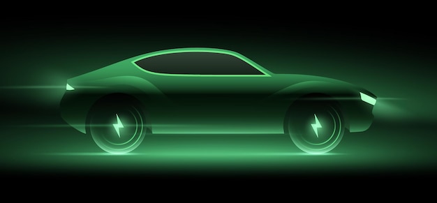Vector ilustración de vector de concepto de coche eléctrico coche verde brillante corriendo a alta velocidad en la noche oscura