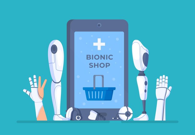 Ilustración de vector del concepto de compras biónicas. Prótesis de diferentes partes del cuerpo. Inserta brazos, piernas, ojos, dientes y otros.