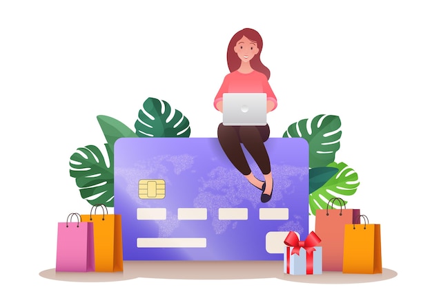 Vector ilustración de vector de concepto de compras en línea con mujer usando laptop sentada encima de una tarjeta de crédito