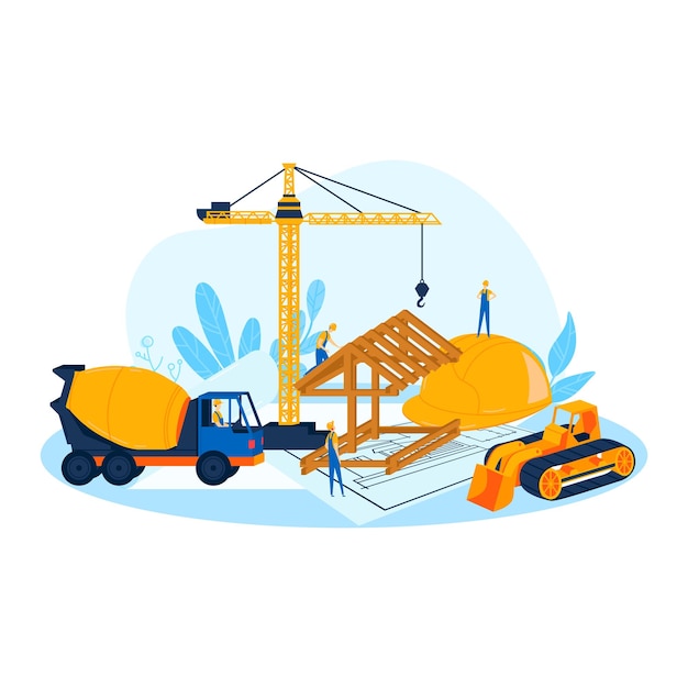 Vector ilustración de vector de concepto de construcción de edificios trabajador de diseño de trabajo de industria plana constructor utilizado tecnología de equipos industriales