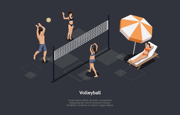 Ilustración de vector de concepto de deporte de voleibol de playa sobre fondo oscuro con escrituras. Composición isométrica en estilo de dibujos animados 3D. Personajes, Objetos. Gente jugando en la playa, una persona descansando