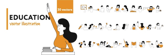 Ilustración de vector de concepto de educación con conjunto de personas icono de estudio de escuela y universidad