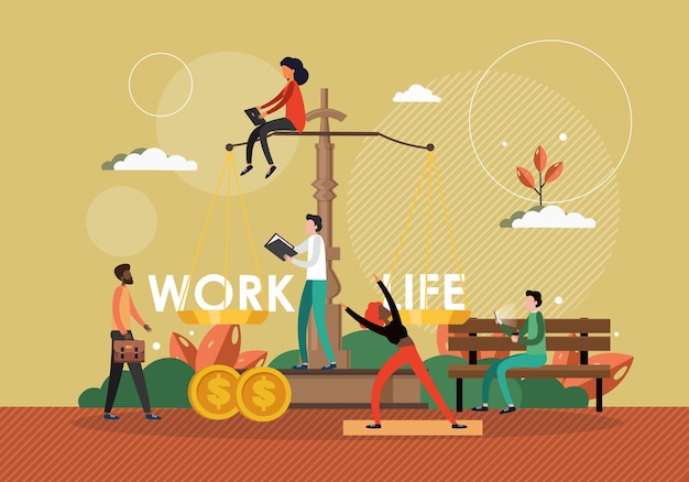 Ilustración de vector de concepto de equilibrio de vida laboral. escala con el letrero de trabajo en un lado y el símbolo de vida en el otro. gestión empresarial y de vida