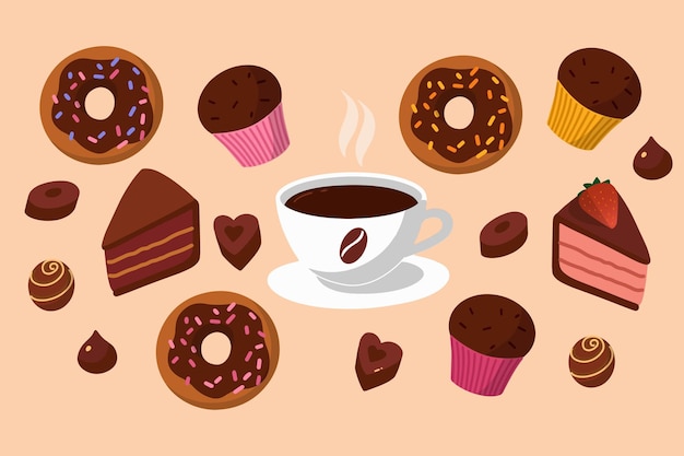 Ilustración de vector de concepto Estilo de dibujos animados Delicioso desayuno o pausa para el café café y dulces