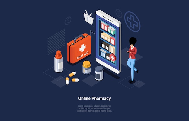 Ilustración de vector de concepto de farmacia en línea en estilo de dibujos animados 3D. Fondo azul oscuro, texto. Moderno Servicio de Asistencia Médica Remota, Primeros Auxilios y Sistema de Curación. Aplicación móvil, sitio web de Internet.