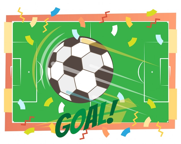 Ilustración de vector de concepto de GOAL de fútbol con pelota voladora y un campo de fútbol verde, arriba