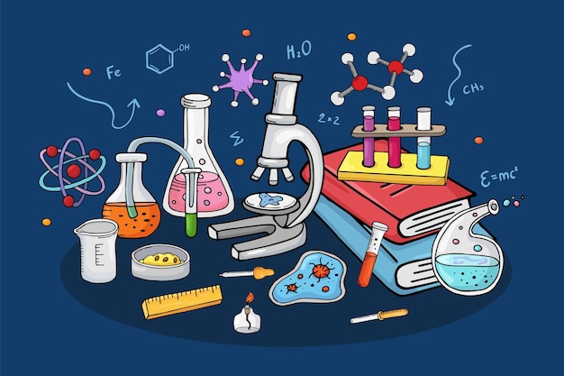 Ilustración de vector de concepto de laboratorio investigación de química en el equipo de laboratorio para el experimento de ciencia tu ...