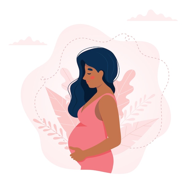 Ilustración de vector de concepto de mujer negra embarazada en estilo de dibujos animados lindo, cuidado de la salud, embarazo