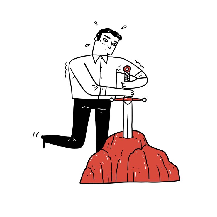 Vector ilustración de vector de concepto de negocio del hombre de negocios intenta sacar la espada excalibur de la piedra