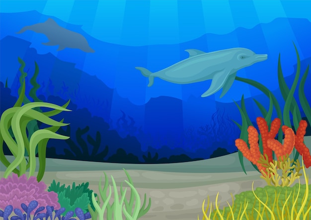 Ilustración de vector de concepto de paisajes marinos del mundo submarino y delfines