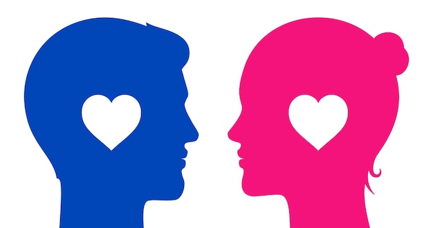 Ilustración de vector de concepto de pareja romántica Hombre y mujer con iconos de corazón mirándose el uno al otro