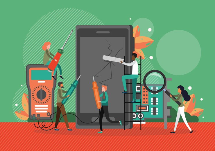 Vector ilustración de vector de concepto de servicio de reparación de teléfono. teléfono móvil con pantalla rota y circuito de chip abierto. los hombres técnicos arreglan el teléfono inteligente