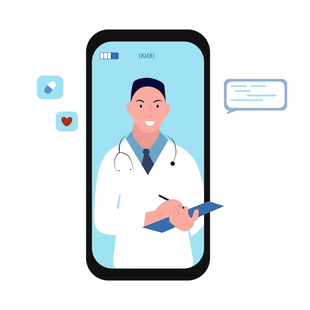 Vector ilustración de vector de concepto de telemedicina. médico en teléfono, terapia de visita en línea