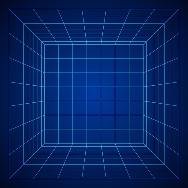 Ilustración de vector de concepto de visualización de datos digitales de estructura de conexión de sala de cubo de malla de alambre