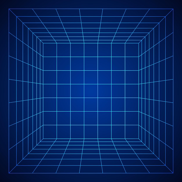 Ilustración de vector de concepto de visualización de datos digitales de estructura de conexión de sala de cubo de malla de alambre