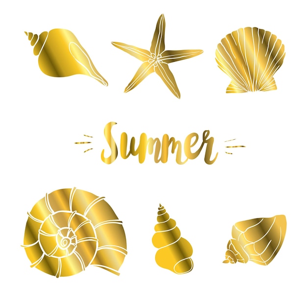 Ilustración de vector de concha de mar de oro aislada sobre fondo azul oscuro con textura de confeti de brillo dorado. Diseño gráfico de concha de perla, molusco oceánico o marino. Símbolo de joyería o vacaciones