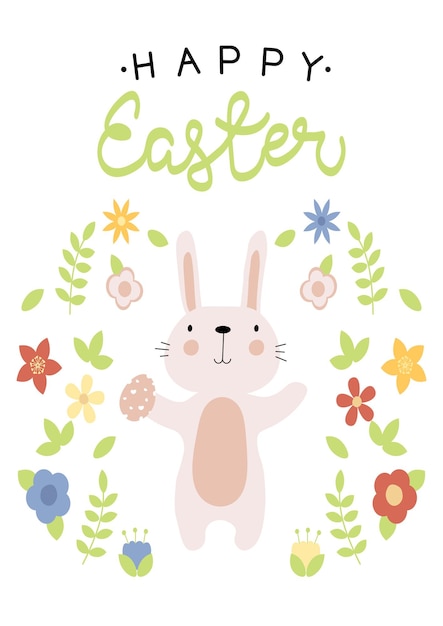 Ilustración de vector de conejito con huevo de pascua y flores