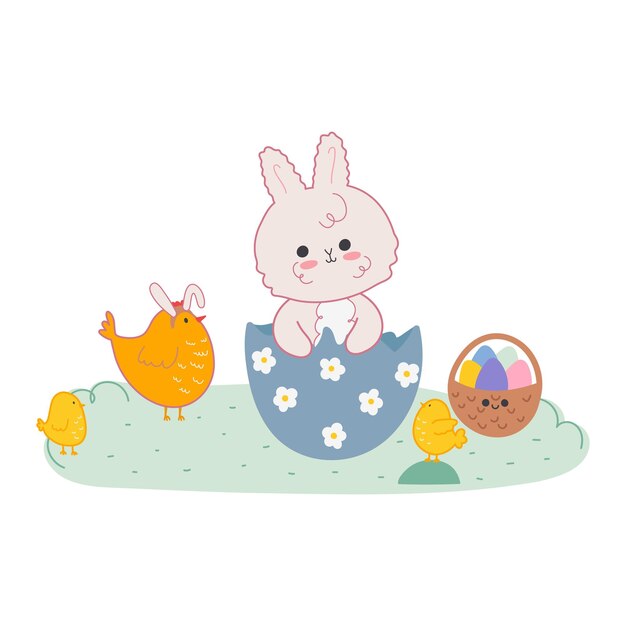 Ilustración de vector de conejito de pascua kawaii con madre gallina y pollitos. concepto de pascua y primavera