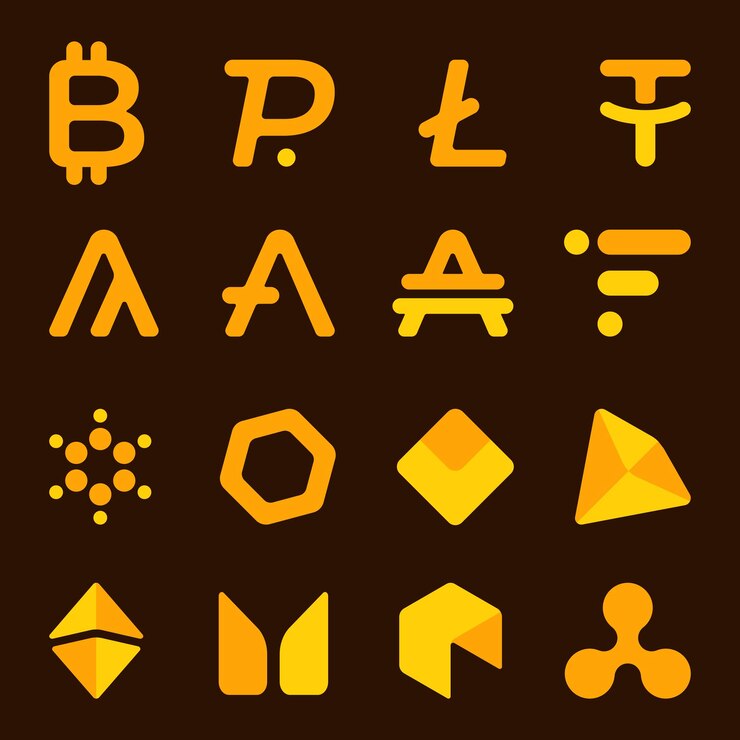 Vector ilustración de vector de un conjunto de criptomonedas. iconos, símbolos de monedas. factura en línea. banner con fondo marrón oscuro.