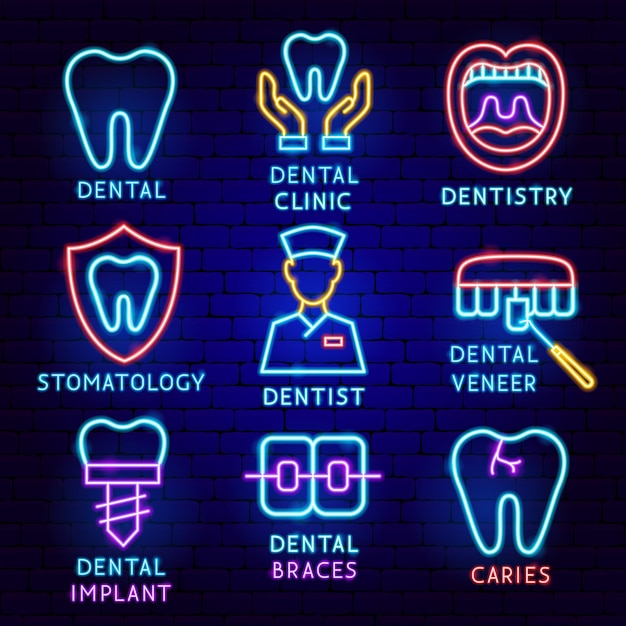 Ilustración de vector de conjunto de etiquetas dentales de promoción de estomatología