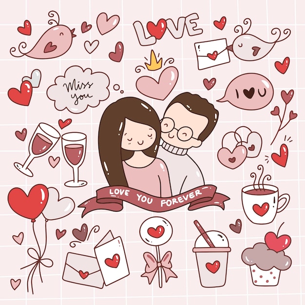 Ilustración de vector de conjunto de garabatos de San Valentín