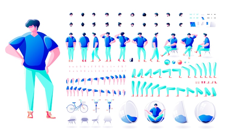 Vector ilustración de vector conjunto grande kit colección aislado constructor estilo moderno cuerpo elemento personaje hombre masculino pose gestos vista frontal parte posterior acción peinados para animación de diseño de movimiento
