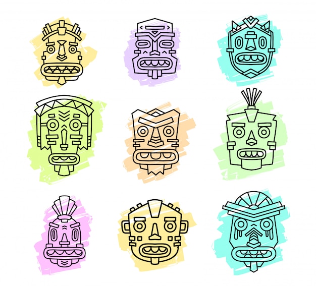 Ilustración de vector de conjunto de máscaras de colores tribales étnicas aisladas sobre fondo blanco. máscara étnica.