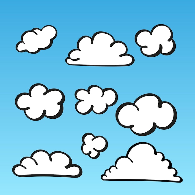Ilustración de vector de conjunto de nubes dibujadas a mano aislado sobre fondo azul degradado