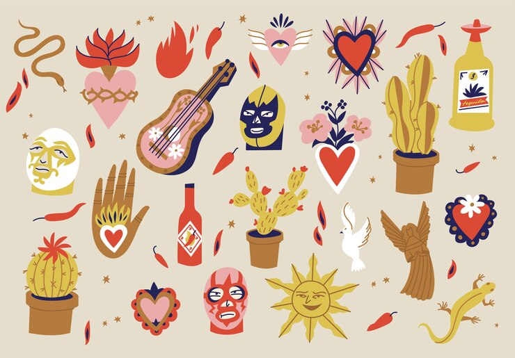 Ilustración de vector conjunto de símbolos de la cultura mexicana con objetos tradicionales religión católica simbólica.