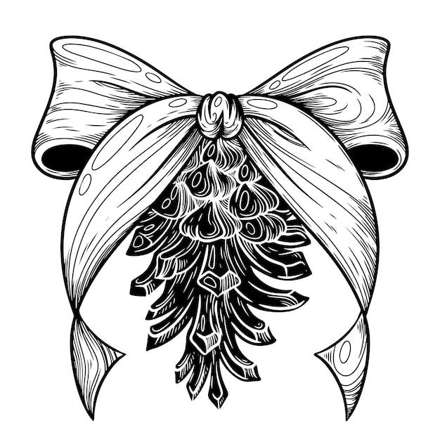 Ilustración de vector de cono de pino de línea de tinta con arco