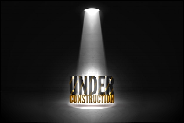 Bajo la ilustración de vector de construcción sobre un fondo oscuro de grunge de pared de ladrillo en un resplandor de foco. Texto rayado en un haz de luz brillante aislado en negro.