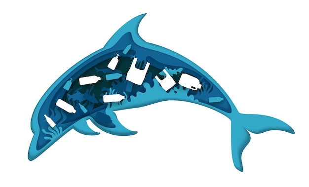 Ilustración de vector de contaminación oceánica en estilo de arte de papel en capas Doble exposición saltando silueta de delfín con animales marinos y basura plástica flotante
