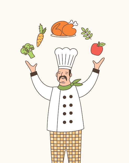 Ilustración de vector de contorno de chef hábil. Cocinero de ensueño profesional con chaqueta blanca y gorro de chef haciendo malabares con el personaje de dibujos animados de alimentos. Empleado de restaurante talentoso. Experto en cocina gourmet.