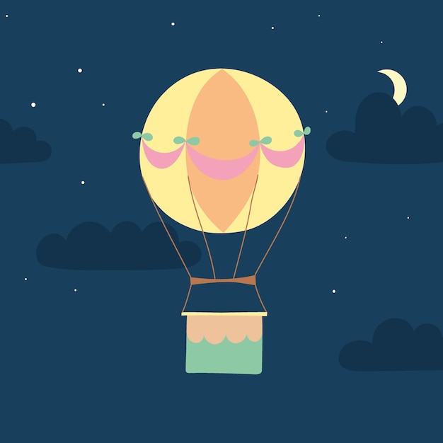 Ilustración de vector de contorno globo de aire caliente en el cielo. Icono dibujado a mano aislado