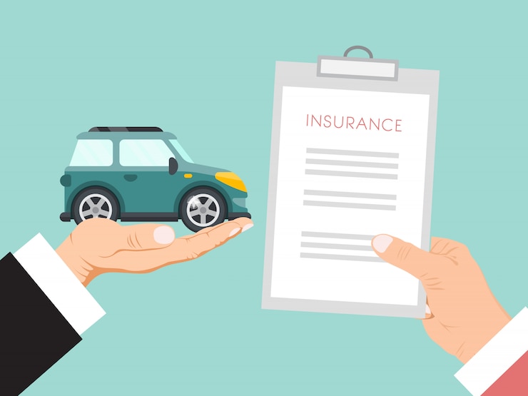 Vector ilustración de vector de contrato de seguro de automóvil. las manos sostienen la póliza de seguro y el automóvil. contrato de seguro de automóvil para familia