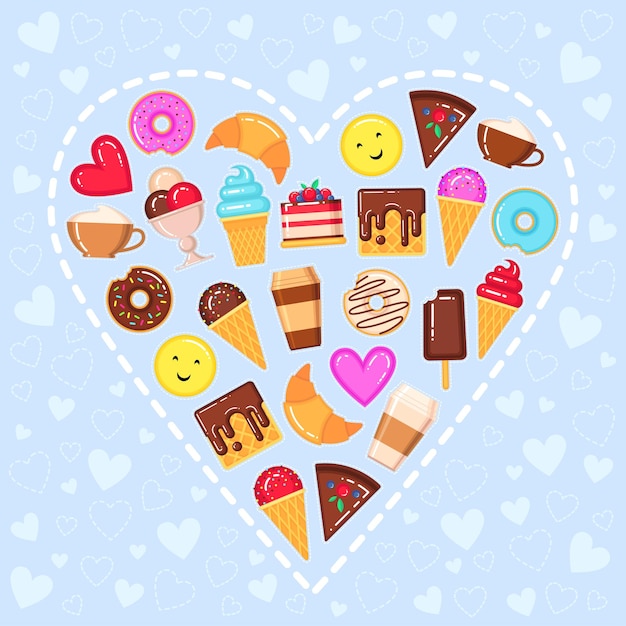 Ilustración de vector de corazón con dulces sobre fondo azul