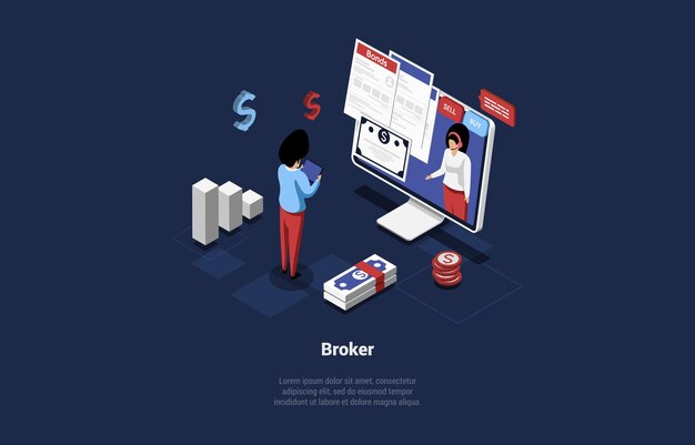 Ilustración de vector de corredor en estilo de dibujos animados 3D sobre fondo oscuro. Diseño isométrico conceptual. Persona de negocios en el mercado de valores, profesión comercial, oficinista, estrategia de financiación y planificación de ventas