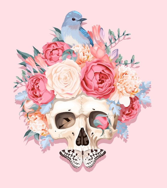 Ilustración de vector con cráneo humano y flores