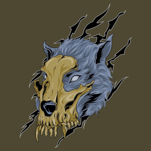 Ilustración de vector de cráneo y lobo