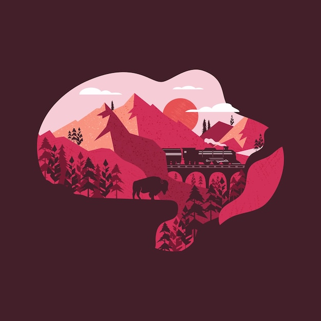 Ilustración de vector creativo de plantilla de diseño gráfico de camiseta en forma de nube con tren corriendo a través de montañas y pie de animal salvaje sobre roca en la naturaleza de verano. aislado sobre fondo oscuro