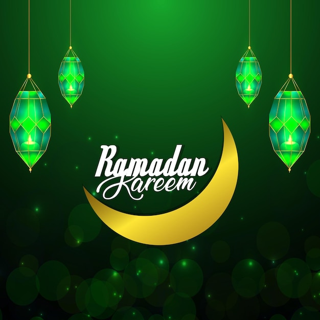 Ilustración de vector creativo de la tarjeta de felicitación de celebración de ramadan kareem con luna dorada y linterna