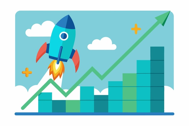 Ilustración del vector de crecimiento empresarial con lanzamiento de cohetes y gráfico de tendencia ascendente