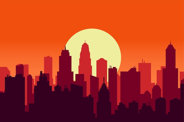 Vector ilustración de vector de crepúsculo de cielo al atardecer de silueta de ciudad escénica