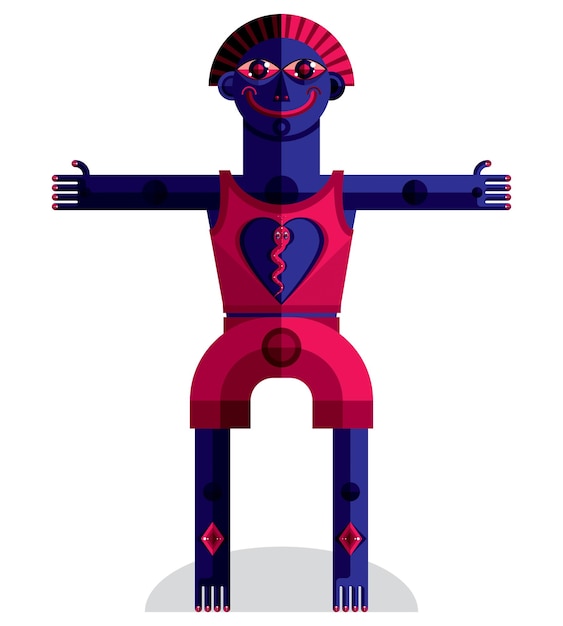 Ilustración de vector de criatura extraña, imagen moderna gráfica de cubismo. Imagen de diseño plano de un personaje extraño aislado en blanco.