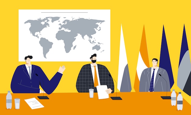 Ilustración de vector de cumbre política con políticos masculinos sentados cerca del mapa del mundo y banderas,