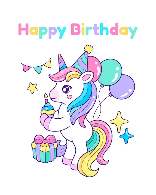 Ilustración de vector de cumpleaños de unicornio para tarjeta e invitación